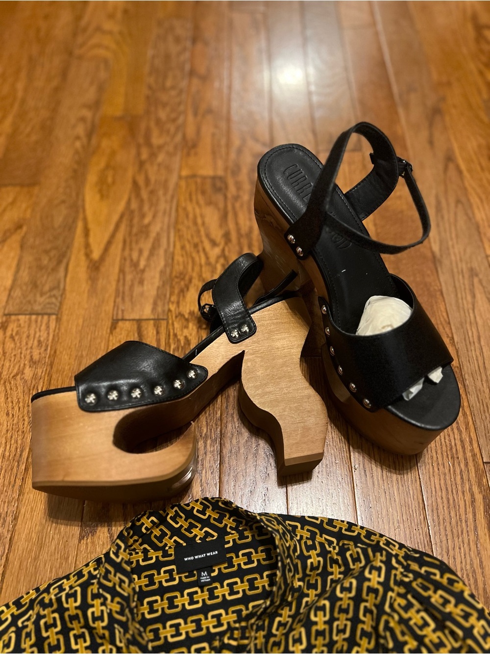Women's Black Leather Platform Clog Sandals with Stud Detail